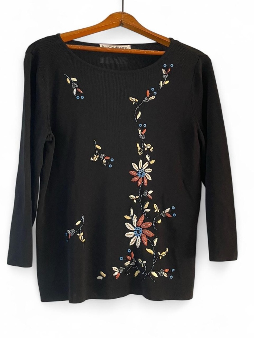 Lucia Burns Women's L Vintage 90s Black Embroidered Floral 3/4 Sleeve Knit Top